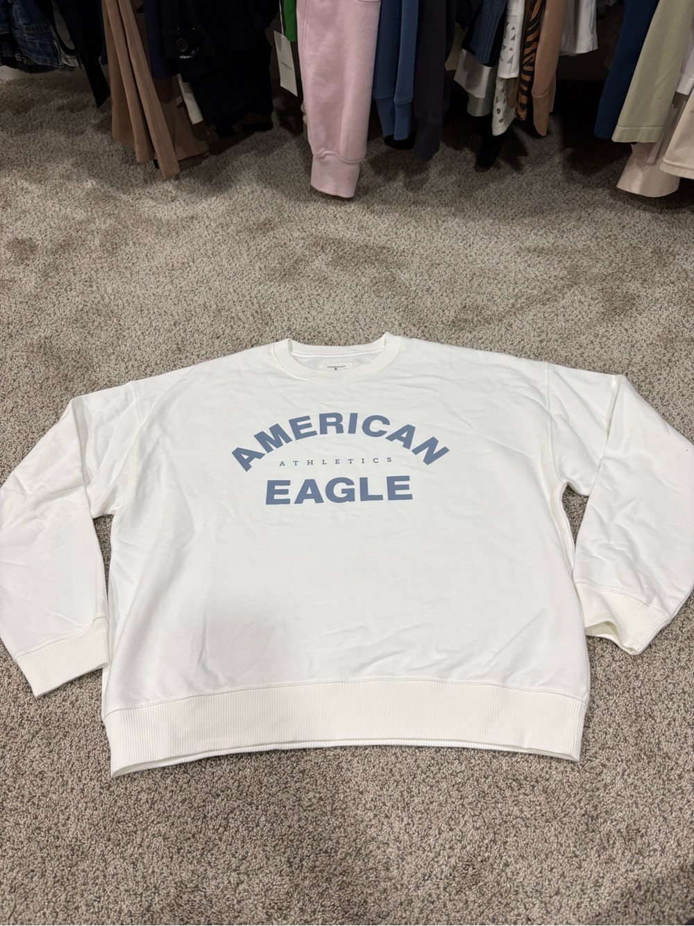 American Eagle Outfitters White Crewneck Sweatshirt with Light Blue Logo